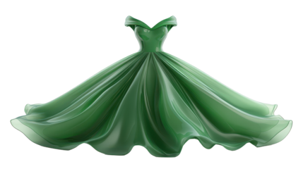 A green dress with a long train is shown in a white background