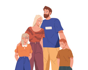 Isolated vector family standing. Mother and father, son and daughter photo. Image of mom and child, parent and kid together. Woman and man with children. Happy character posing. Partner couple