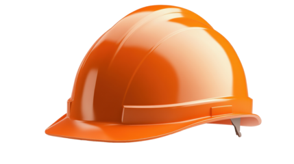 A bright orange hard hat with a white stripe