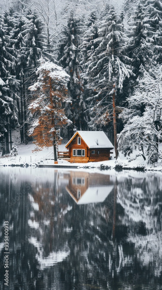 Poster a small cabin is surrounded by trees and a lake