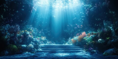 Obraz premium Underwater Stone Steps with Sunlight Beams and Coral Reefs