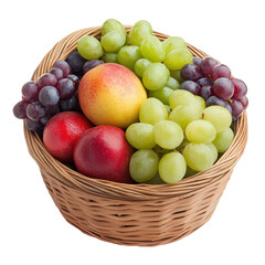 A basket of fruit including apples, grapes, and plums