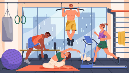 Vector gym illustration with racetrack or treadmill, pull-up bar and dumbbell. Strength and yoga stretching, cardio and stamina, training center. Fitness and workout hub with equipment. Sport, health
