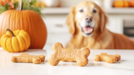 homemade dog treats shaped like bones, made with a golden brown dough. The treats are displayed on a white surface with a few pumpkins and a golden retriever in the background