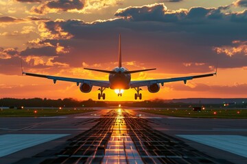 Silhouette plane landing on a runway with a stunning sunset and fiery sky. Suitable for aviation, travel, transportation, and sunset themes. Generative AI