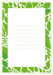 Vertical frame or borders made of different green leaves. A green foliage frame with place for text. Seasonal colorful boarder for cards, invitations, certificate, voucher