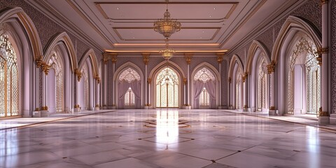 Obraz premium luxury lilac hotel ballroom with wooden intricate royal carving wall and elegant marble floor 