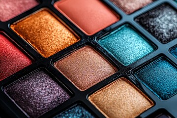 Fototapeta premium Bright shimmer eyeshadow palette featuring shades of blue coral and bronze ideal for bold and creative beauty looks in high fashion makeup applications