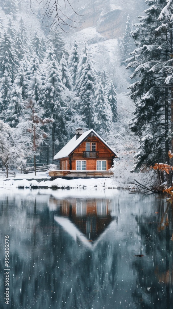 Poster a small cabin is surrounded by snow and trees