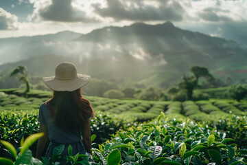 Traditional oriental tea leaves plantation harvest gathering, Generative AI