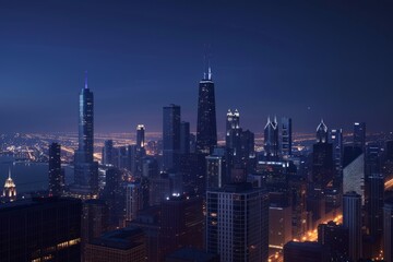 A stunning city skyline illuminated at night. The towering buildings reflect the vibrant lights below. This image captures urban beauty and modern architecture. Generative AI