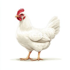 Fototapeta premium White hen with red comb standing isolated on a white background.