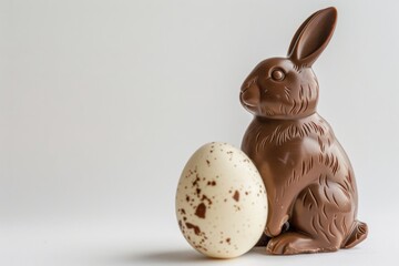 Obraz premium A delightful chocolate bunny sits beside a beautifully crafted speckled egg. This tasty treat represents joy and celebration of Easter time. Generative AI