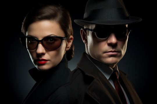 Generative AI illustration of secret agent spy person classic spy movie stylish action clothes scene