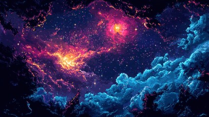 Obraz premium Pixelated Nebula with Red and Blue Gas Clouds in Space