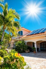 Fototapeta premium Modern Eco-Friendly House with Solar Panels and Tropical Landscape in Sunny Miami, Florida