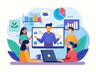 set business flat vector illustration design style concept. for graphic and web page banners. cartoon character design. team online video conference meeting. business planning. data analytics