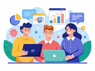 set business flat vector illustration design style concept. for graphic and web page banners. cartoon character design. team online video conference meeting. business planning. data analytics