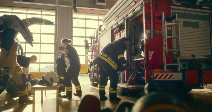 Slow Motion Scene as a Young Team of Female and Male Firefighters Running Into the Garage Area of Fire Station, Putting On Uniform and Helmets and Getting In the Fire Truck Vehicle. Warm Color Grade