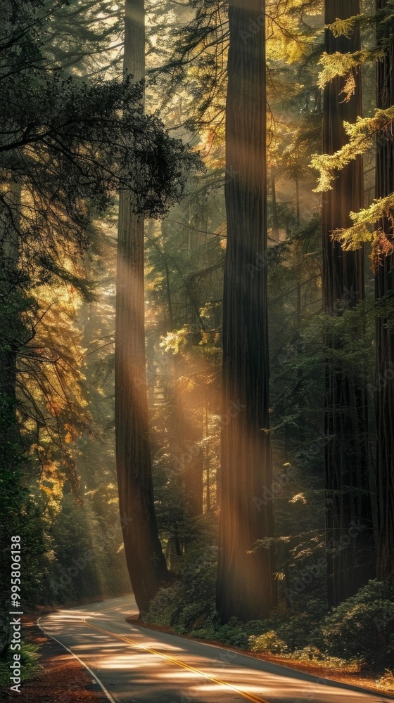 Poster A forest with a road running through it
