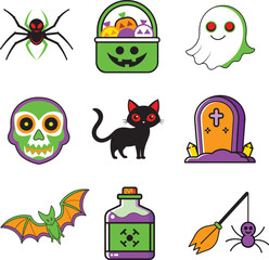 Spooky Halloween Icons Bundle Bad Girl, Candy, Coffin, Spider, Grave, black cat and Bat.