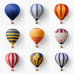Obraz premium A photostock images of a series of hot air balloons in various colors with clean white background, no shadows