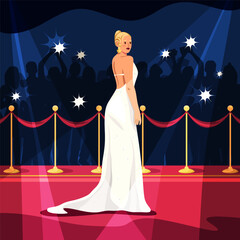Model or actress on red carpet. Vector illustration for celebrity at fashion or hollywood party with paparazzi making photo. Vip ceremony woman or female award event. Festival ceremony. Person posing