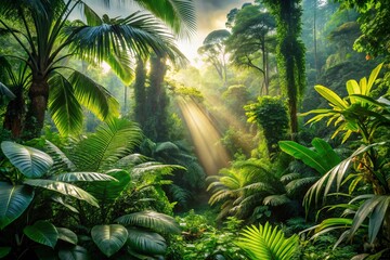 Naklejka premium In a lush green rainforest, dense foliage and diverse tropical plants thrive while sunlight streams through the trees,