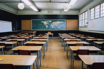 Empty classroom with desks, chairs, projector screen, and bulletin boards. Ideal for educational, school related, back to school, or classroom themed designs. Generative AI