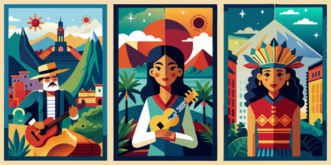 Vibrant posters celebrating national hispanic heritage month with cultural themes and traditional attire