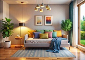 Fototapeta premium In a modern minimalist bedroom, a cozy single couch with decorative pillows enhances the inviting atmosphere, creating