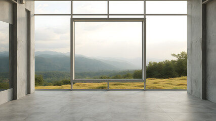Naklejka premium Modern Interior with Scenic Mountain View