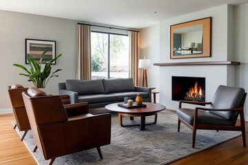 Mid Century Modern Living Room Design Featuring Brown Leather Chairs Grey Sofa and Cozy Fireplace