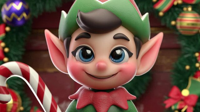 Mischievous Christmas elf smiling in front of festive decorations in cute 3D animation closeup