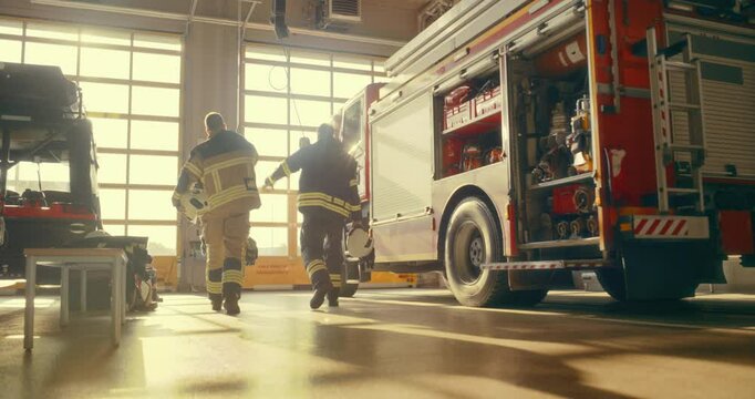 Two Firefighters Walk Side by Side in a Fire Department Garage, Passing the Fire Truck. As They Head Toward the Exit, They Exchange a Quick High Five, Celebrating a Job Well Done. Slow Motion Footage
