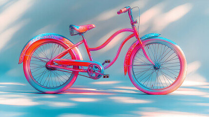 Fototapeta premium A digitally rendered pink bicycle with large wheels and a single speed chain, resting on a light blue background.