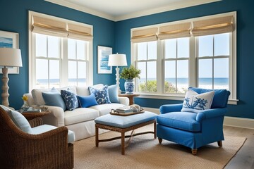 Breezy Coastal Living Room Design Featuring Blue Armchair and Seaside Ambiance
