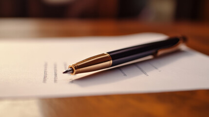close up of luxurious pen resting on document, symbolizing act of signing important papers. elegant design of pen adds touch of sophistication to scene