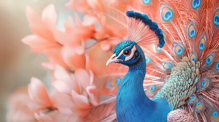 Fototapeta premium Peacock with Blue Feathers and Orange Flowers
