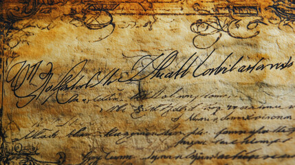 Obraz premium image features old document with intricate handwriting and decorative elements, showcasing beauty of historical writing. faded paper adds to its vintage charm, evoking sense of nostalgia and