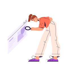 Cartoon woman near search bar. Online searching system. Magnifying glass near interactive web design element for internet browsing. Input and user typing query UI or UX sign. Modern button. Software