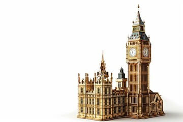 Fototapeta premium A detailed wooden model of a famous clock tower beside an intricate building. This is a blend of craftsmanship and architectural beauty. Generative AI