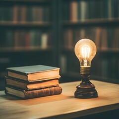 A classic light bulb glowing warmly in a dim study, surrounded by old wooden desks, vintage books, and soft shadows, creating a timeless mood