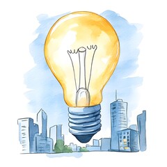 A colossal light bulb emits a gentle golden light over a tranquil city at night, blending with the watercolor skyline, creating a serene and ethereal atmosphere