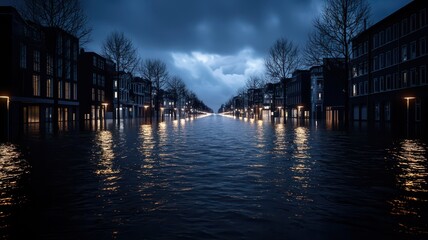 A serene night scene of a flooded urban street, illuminated by streetlights through dark, cloudy skies.