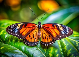 In its natural habitat, a striking wolf butterfly displays vibrant colors while perched upon a leaf, creating a