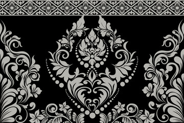 vintage damask pattern in black and white. Ornate floral design with intricate details. Perfect for wallpaper, fabric, or packaging design.