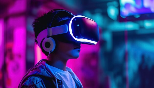 People are immersed in a virtual reality experience with a neon light background suitable for technology and gaming concepts in futuristic design. Generative AI