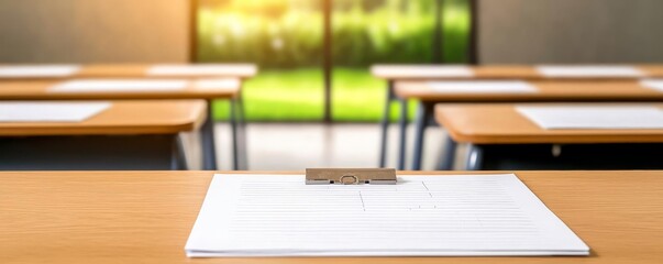 Exam Sheets laid out in an orderly fashion on a row of desks in a quiet classroom