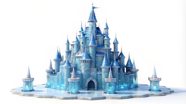 Majestic ice castle standing on frozen ground on white background